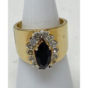 Womens Size 4.5 18k Gold GE Ring With Blue Teardrop Faux Sapphire & Rhinestones